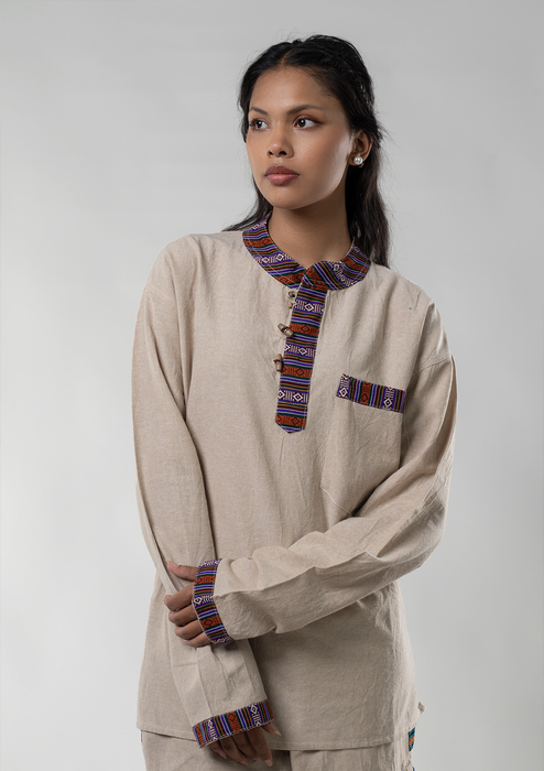 Bhutanese Pattern Cotton Kurta Shirt - Beige