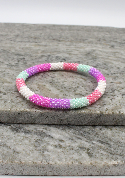 Pink White Stripe Nepalese Roll on Beads Bracelet