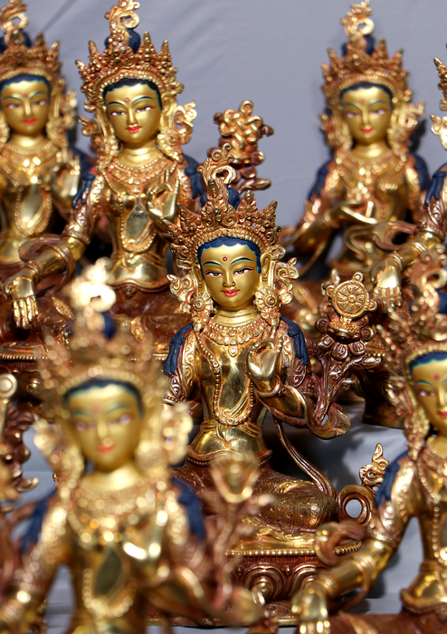 21 Tara Set Partly Goldplated Copper Statue 9" H