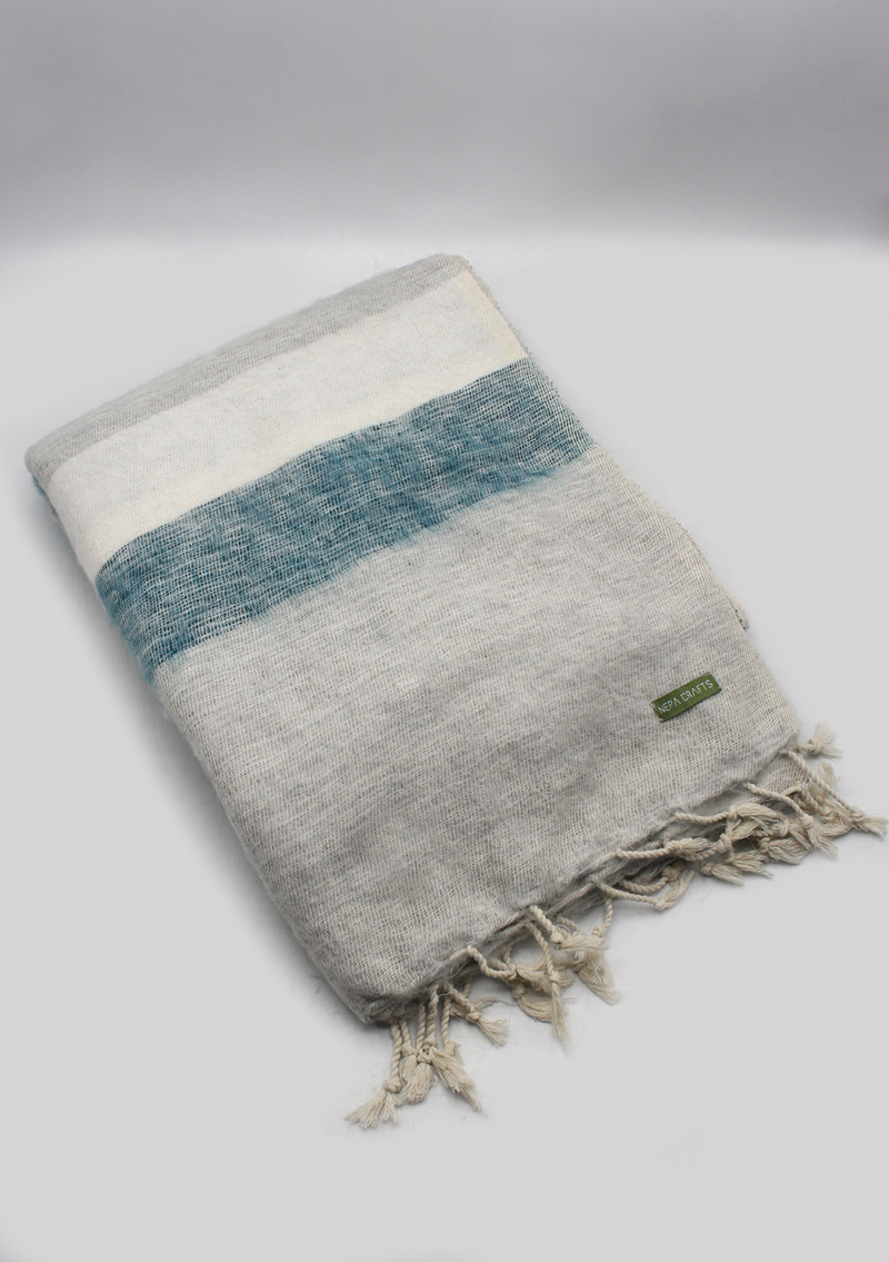 Hand-loomed Beige Blue  Yak Wool Blanket