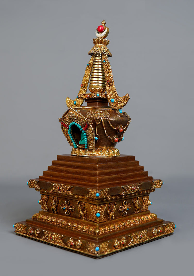 Handcrafted  Gold Plated Chorten Stupa 13" H
