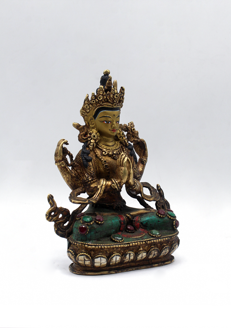 Stone Inlaid Copper Chenrezig Statue 5.5"H