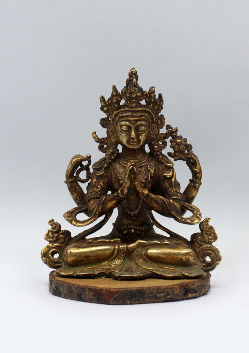 Fully Gold-Plated Chenrezig Statue with Antique Finish 5"H