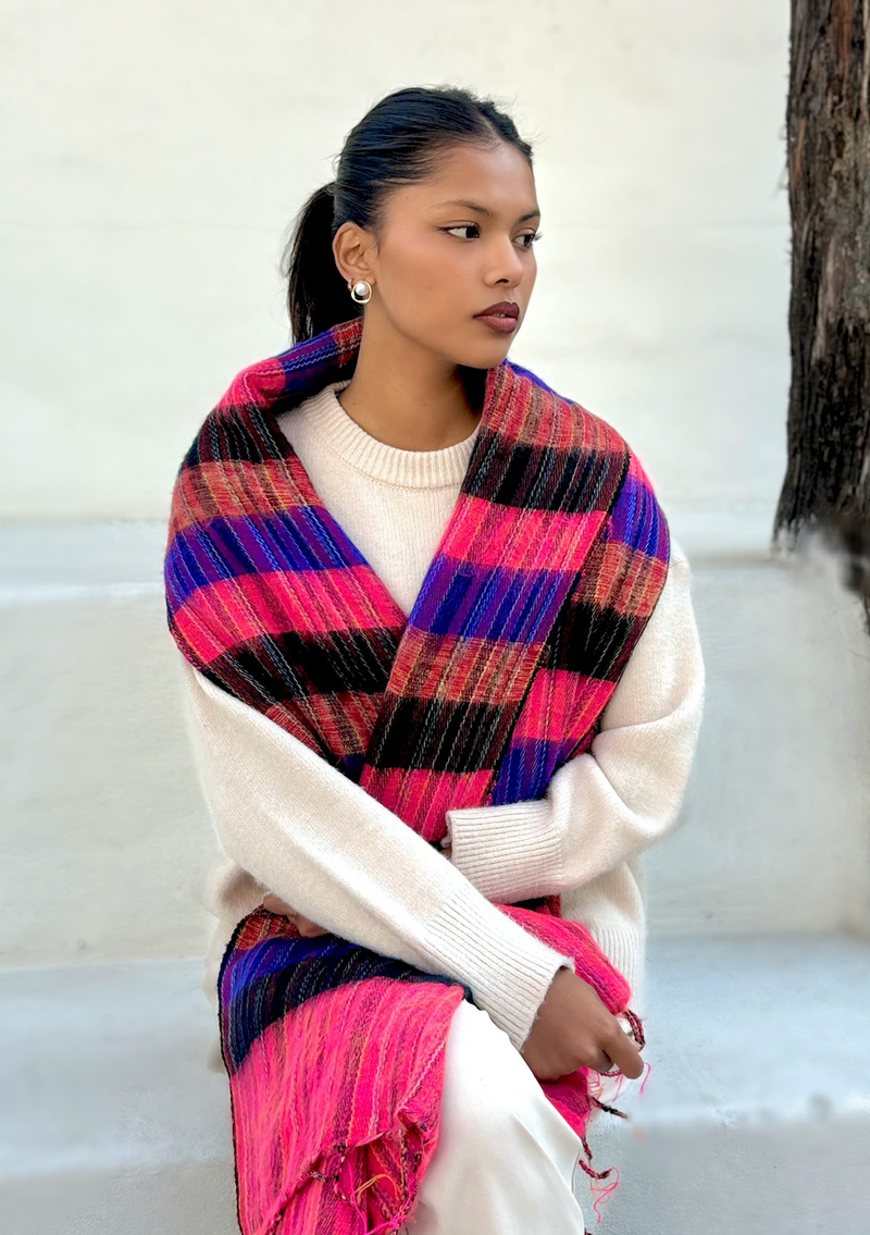 Purple Pink Multi-color Stripe Himalayan Yak Wool Shawl