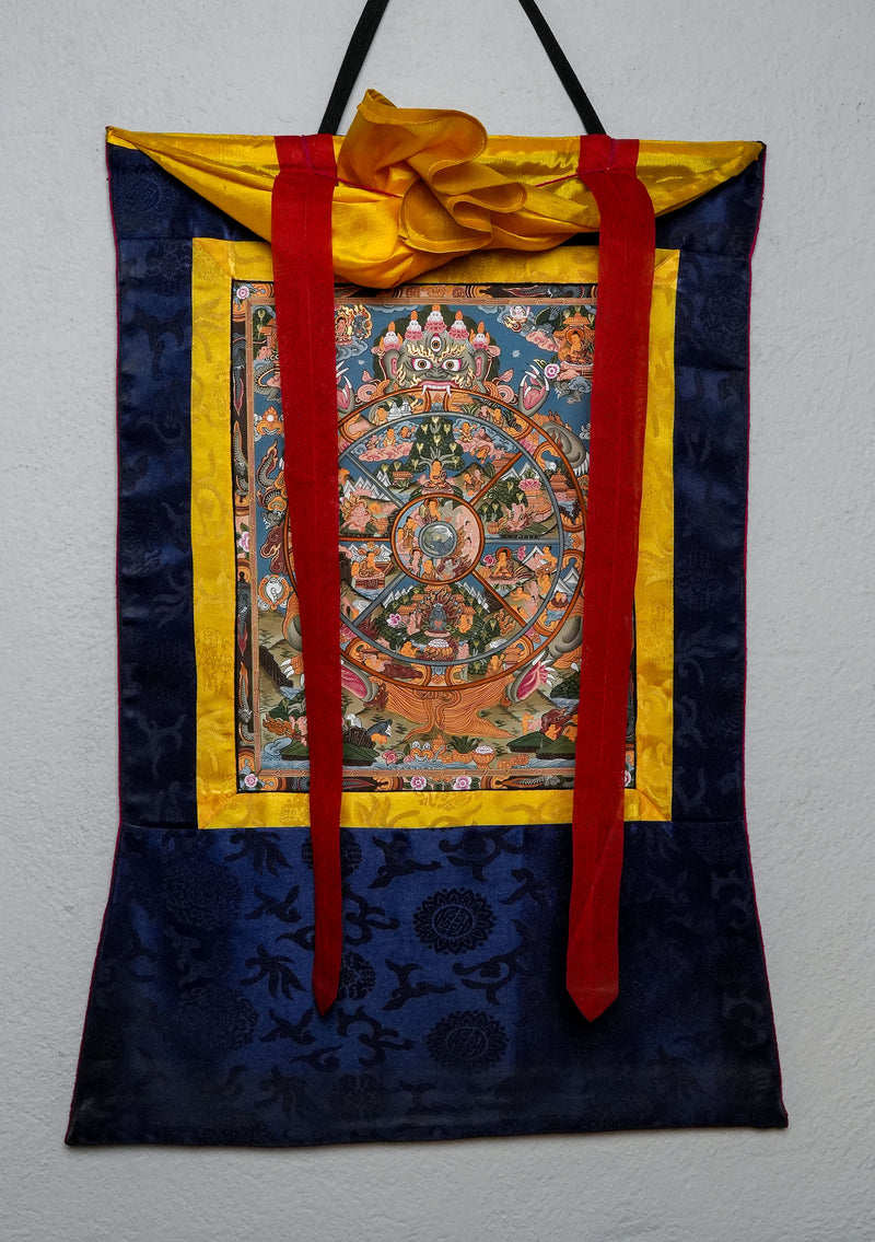 Wheel of Life Thangka Painting with Brocade
