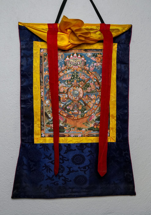 Wheel of Life Thangka Painting with Brocade