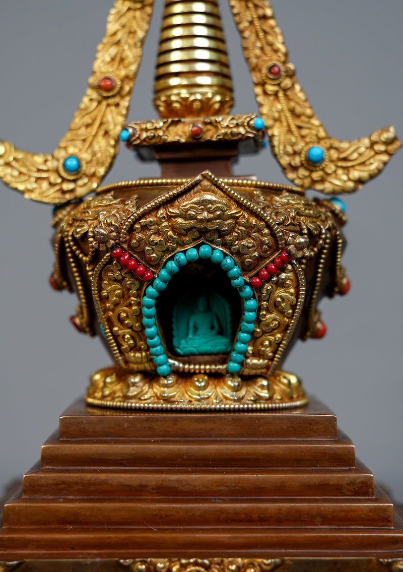 Handcrafted  Gold Plated Chorten Stupa 13" H