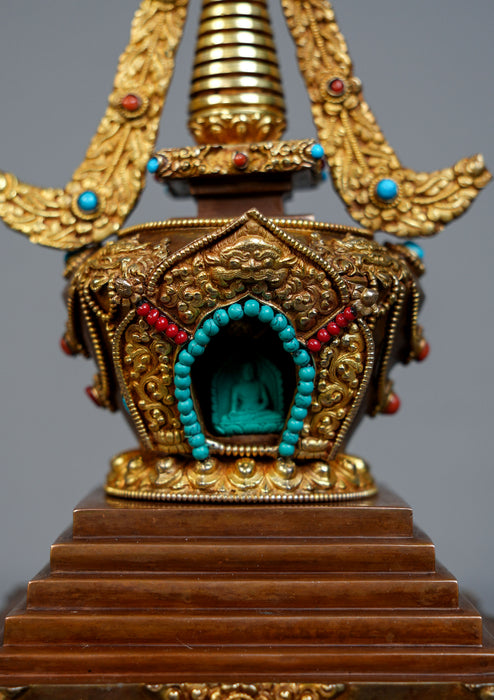 Handcrafted  Gold Plated Chorten Stupa 13" H