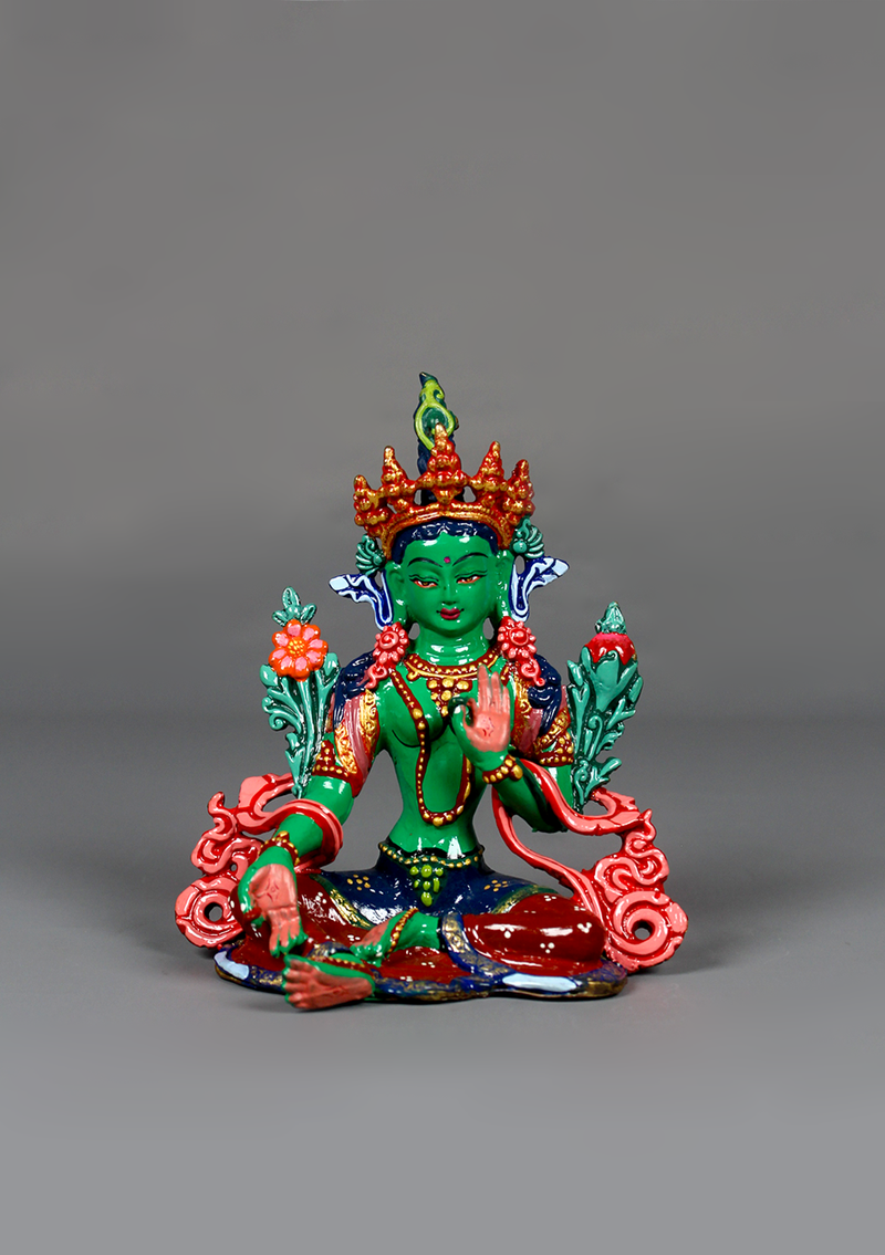 Hand Painted Copper Green Tara Statue 5"