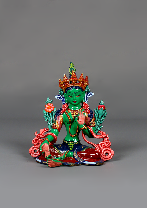 Hand Painted Copper Green Tara Statue 5"