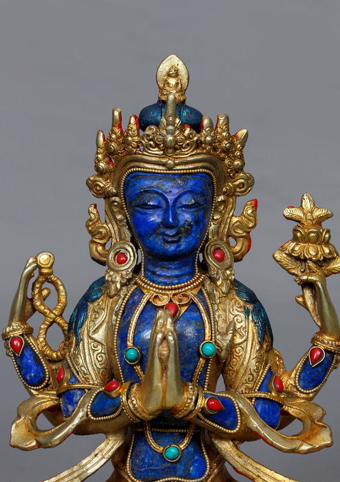 Gold Plated Lapis Lazuli Chenrezig Statue 8.75" H