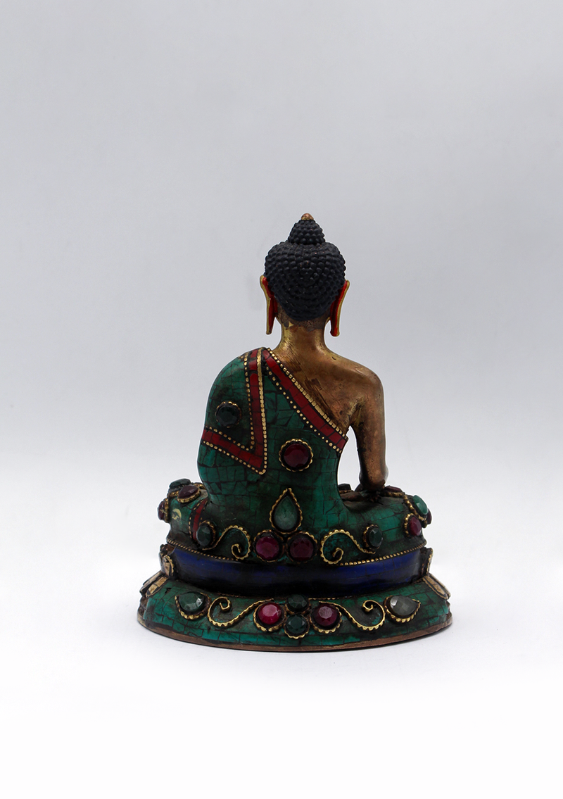 Stone Inlaid Copper Shakyamuni Buddha Statue 4.5"H