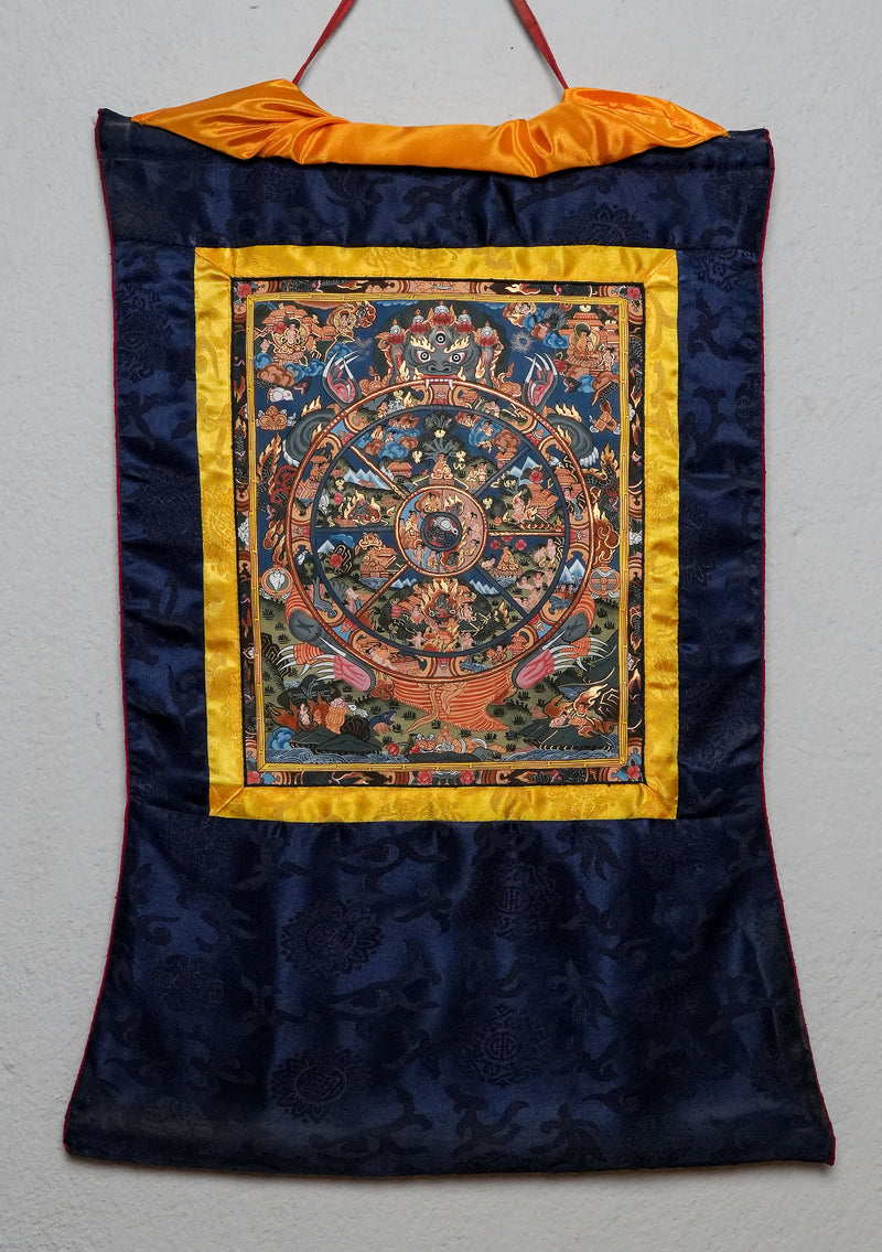 Wheel of Life Thangka Painting with Brocade Medium Size