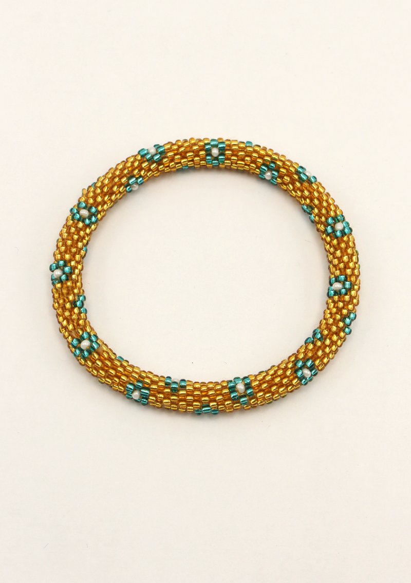 Golden Blue Flower Roll on Beads Bracelet