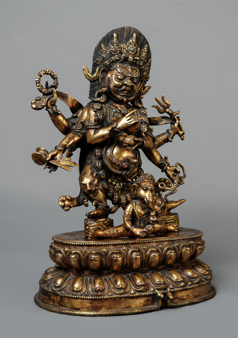 Masterpiece Antique Style Six Armed Mahakala with Ganesh Statue 17" H