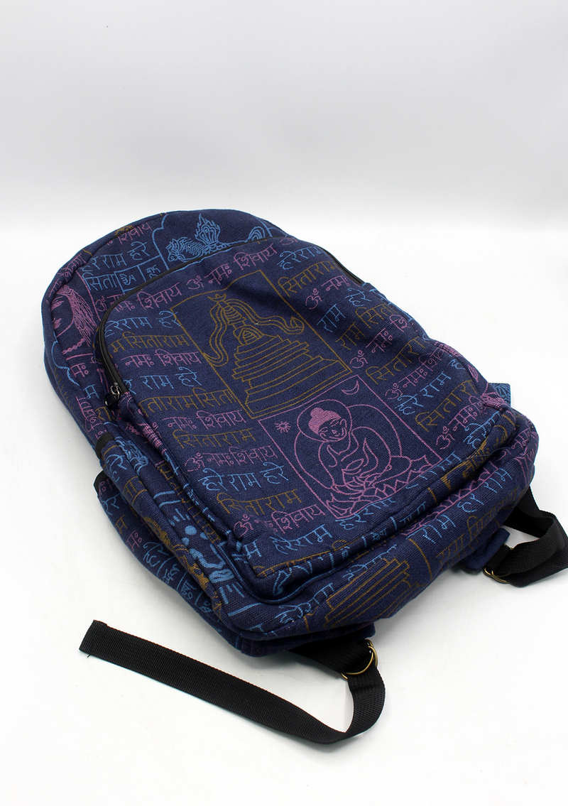 Hari Ram Hari Dark Blue Buddhist Print Rucksack