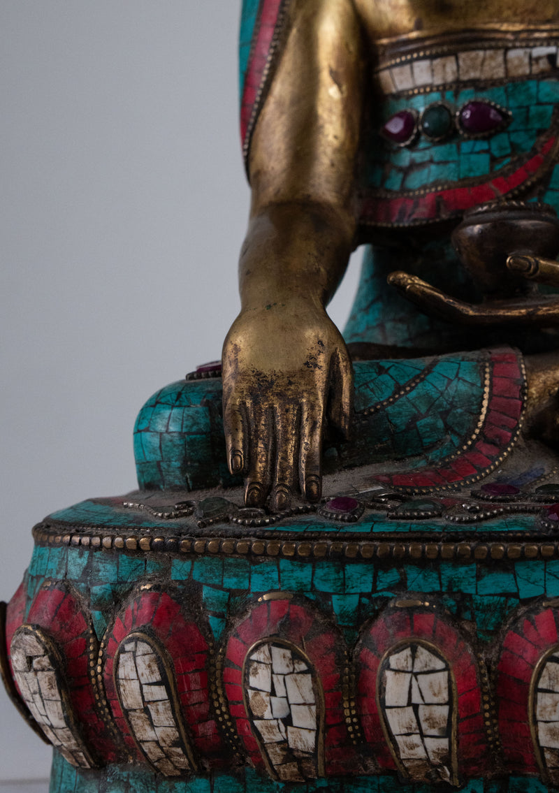 13" High Shakyamuni Buddha Statue Inlaid Turquoise and Coral