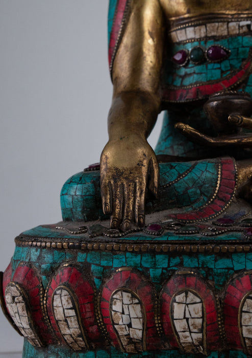 13" High Shakyamuni Buddha Statue Inlaid Turquoise and Coral