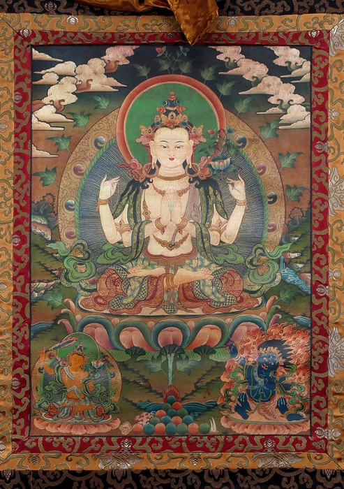 Antique Chenrezig Brocade Thangka Painting