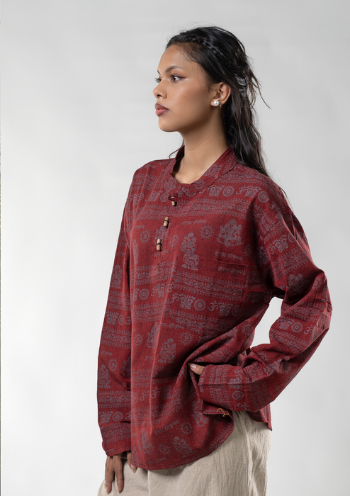 Hare Ram Hare Krishna Khadar Kurta Shirt - Maroon