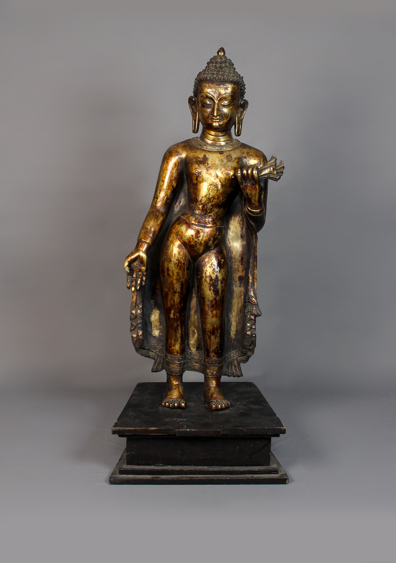 Fully Gold Plated Antique Style Standing Maitreya Statue 2 feet high