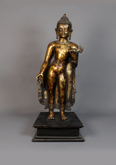 Fully Gold Plated Antique Style Standing Maitreya Statue 2 feet high