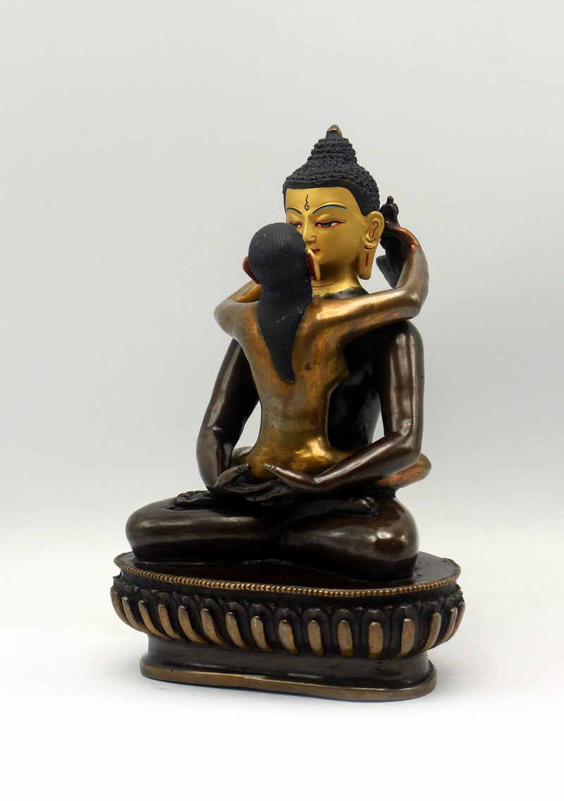 Gold Face Painted Copper Buddha Shakti Samantabhadra Statue 7.5"H