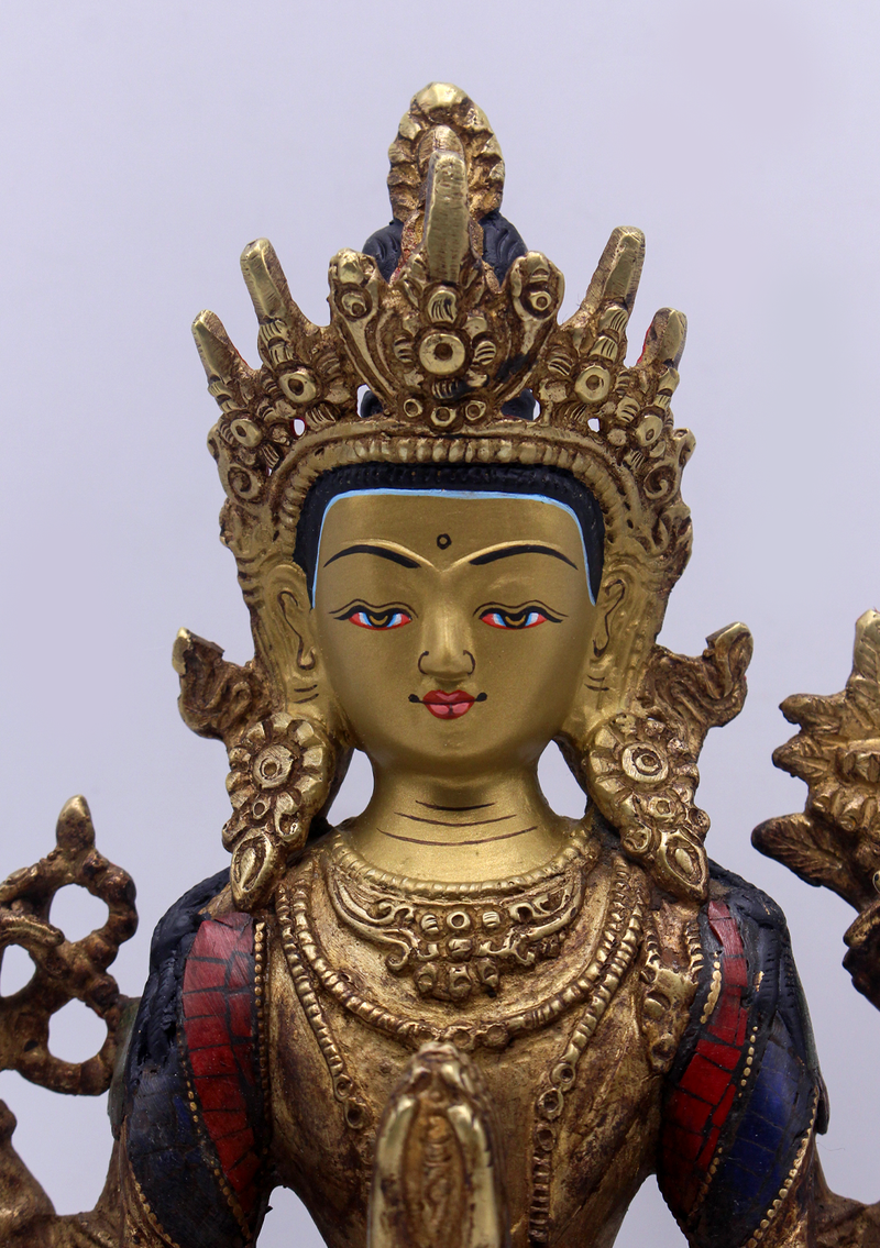 Stone Inlaid Copper Chenrezig Statue 9"H