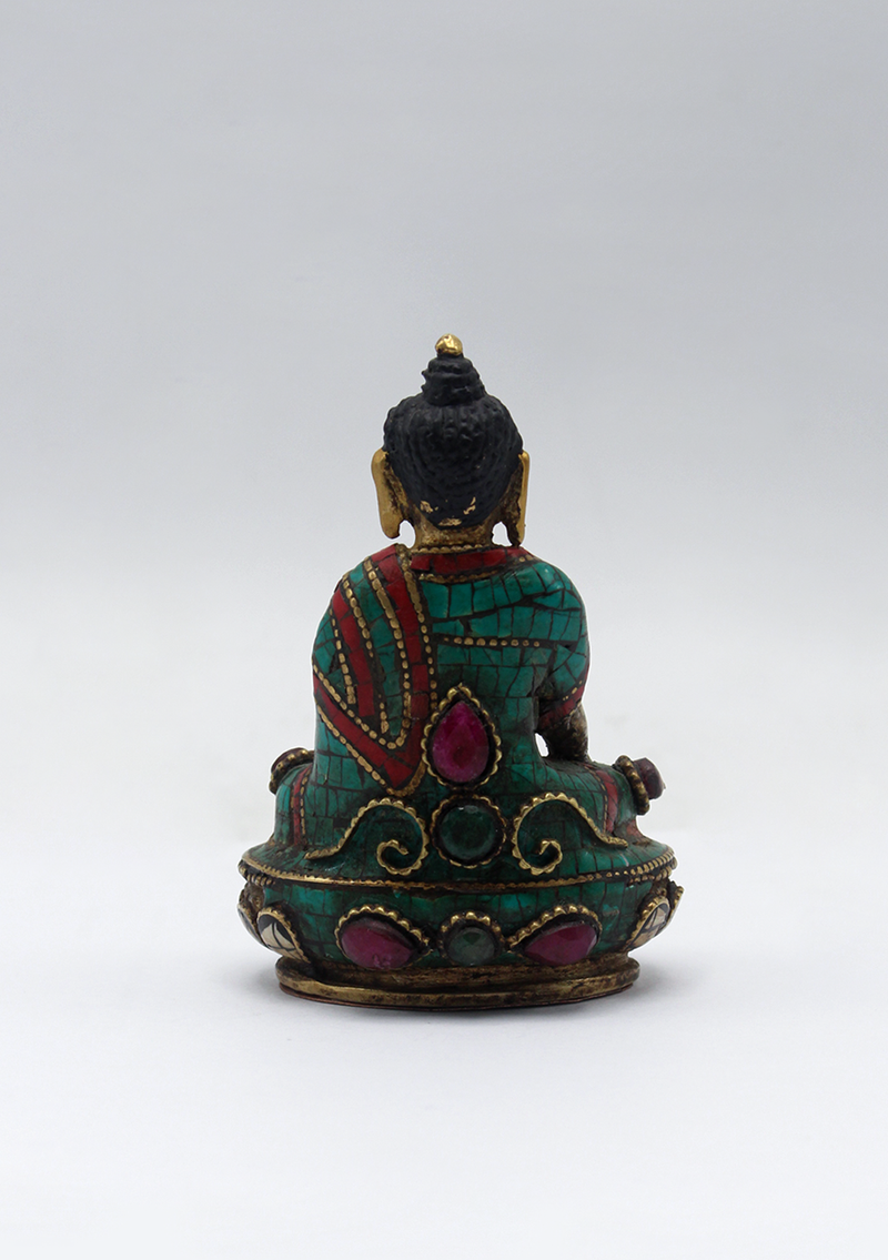 Stone Inlaid Copper Shakyamuni Buddha Statue 3"H