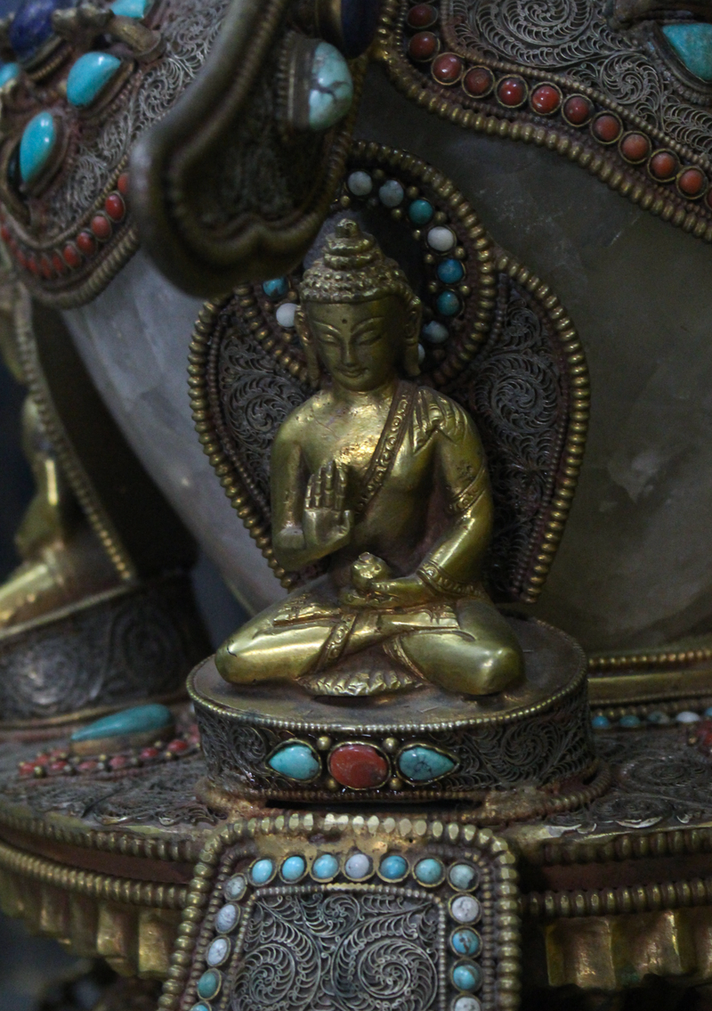 Elephant Guardian Serenity: Five Buddha Crystal Stupa Bowl Enhanced with Turquoise, Coral, and Lapis Lazuli Stones