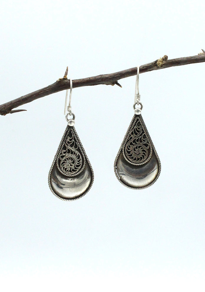 Sterling Silver Water Drop Filigree Dangle Earrings