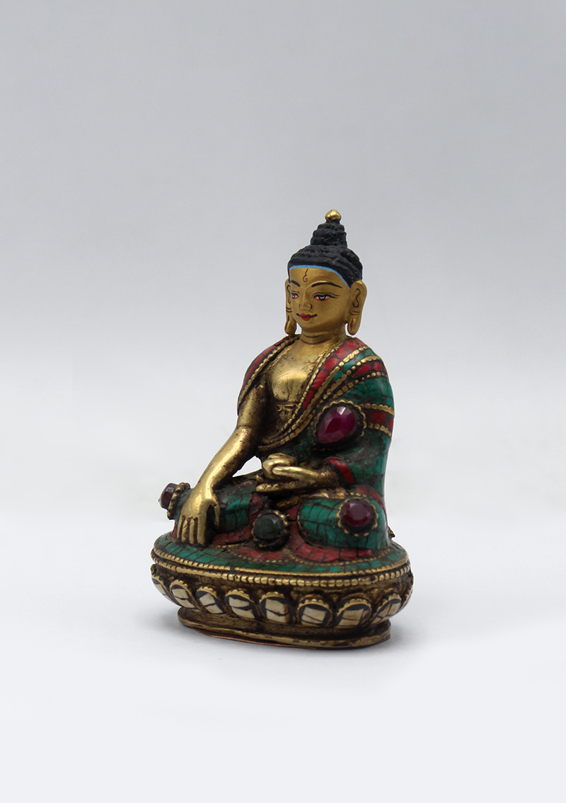 Stone Inlaid Copper Shakyamuni Buddha Statue 3"H