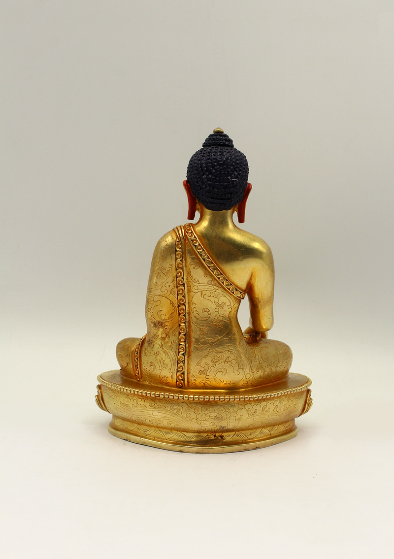 Full Gold Plated Floral Motif Carved Shakyamuni Buddha Statue 5.5"H