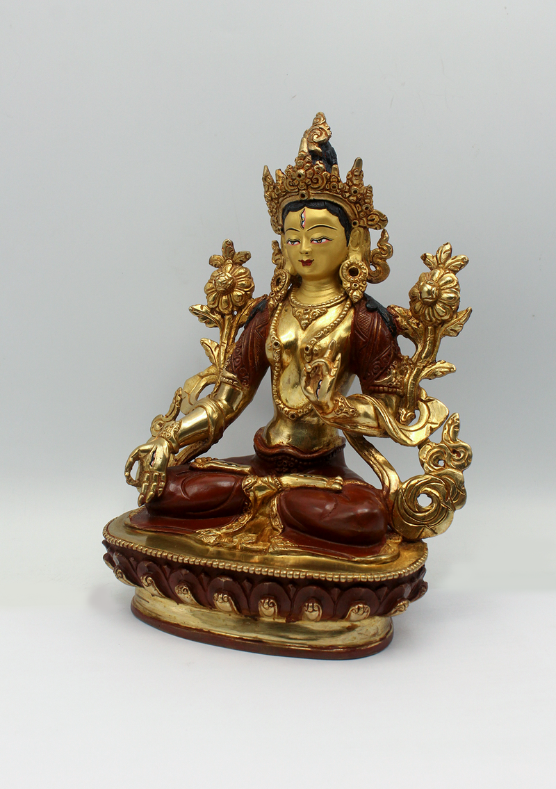 Copper Partly Gold Plated White Tara Statue 9"H