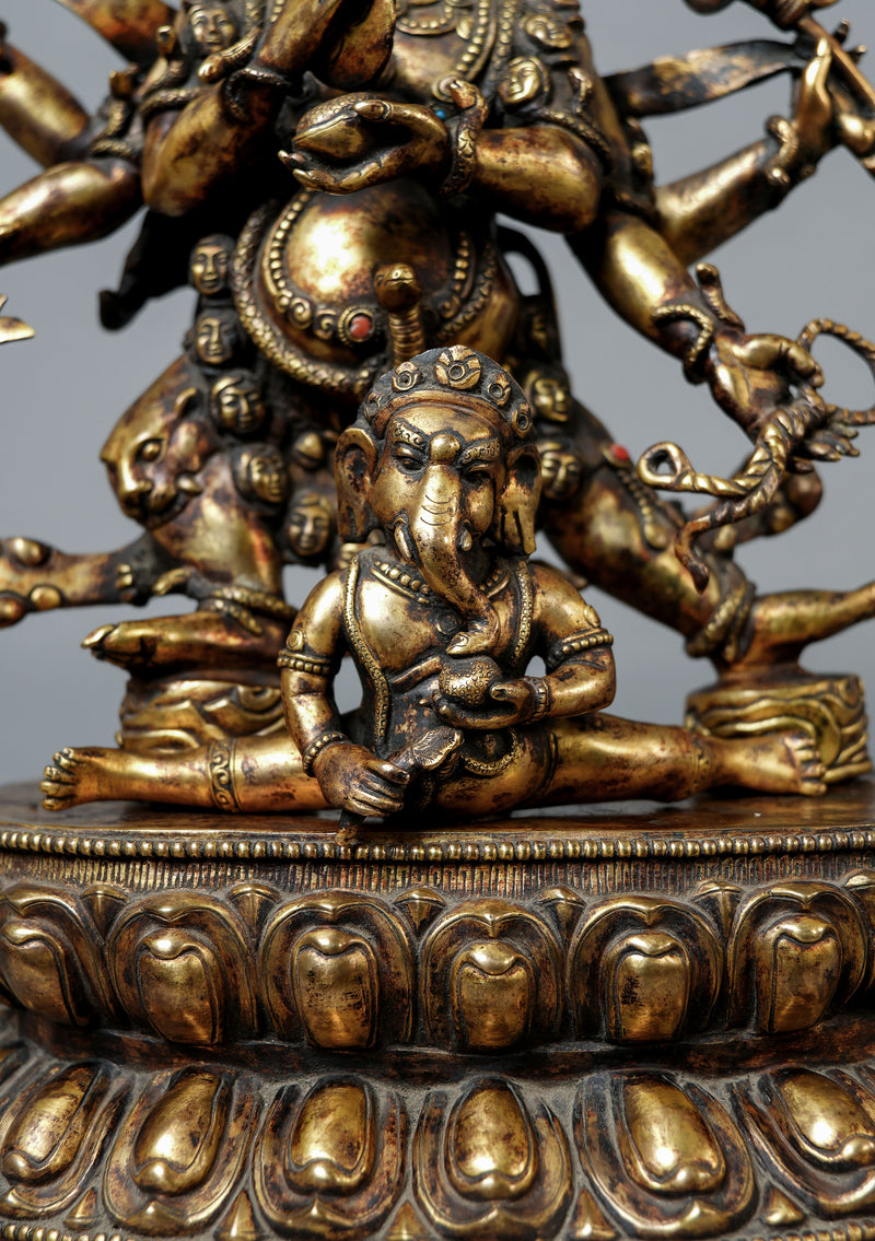 Masterpiece Antique Style Six Armed Mahakala with Ganesh Statue 17" H