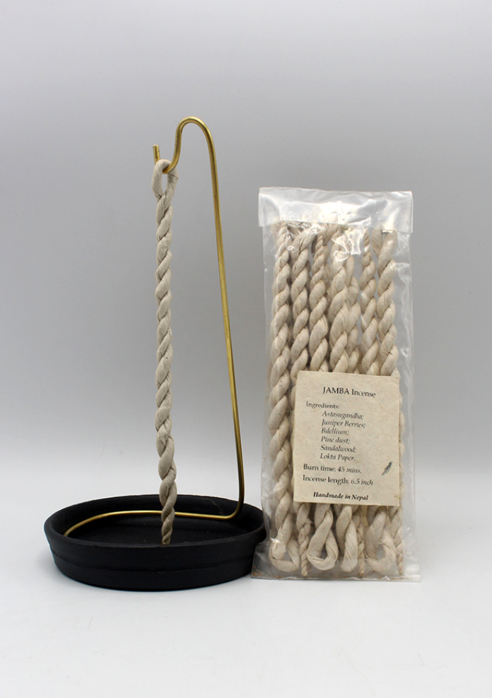 Jamba Nepali Rope Incense and Ceramic Base Plate with Brass Stand Set