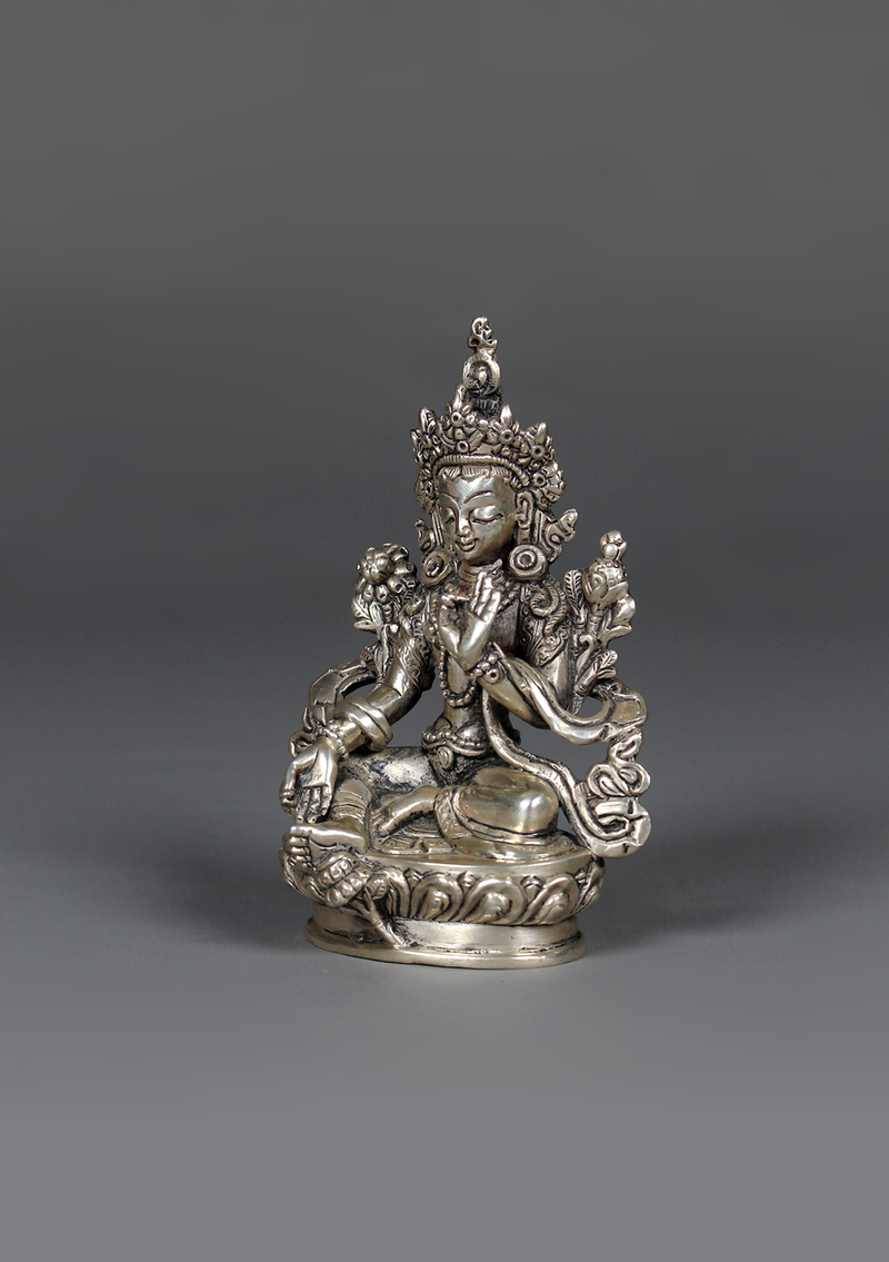 Sterling Silver 925 Green Tara Statue 9 cm H