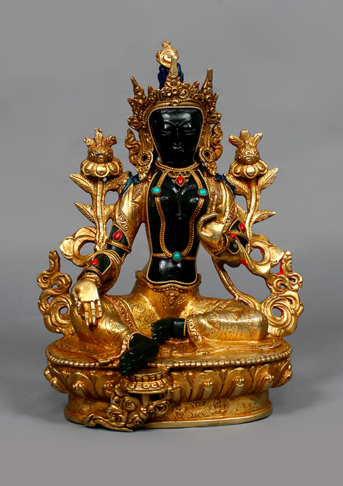 Gold Plated  Green Stone Green Tara Statue 9"H