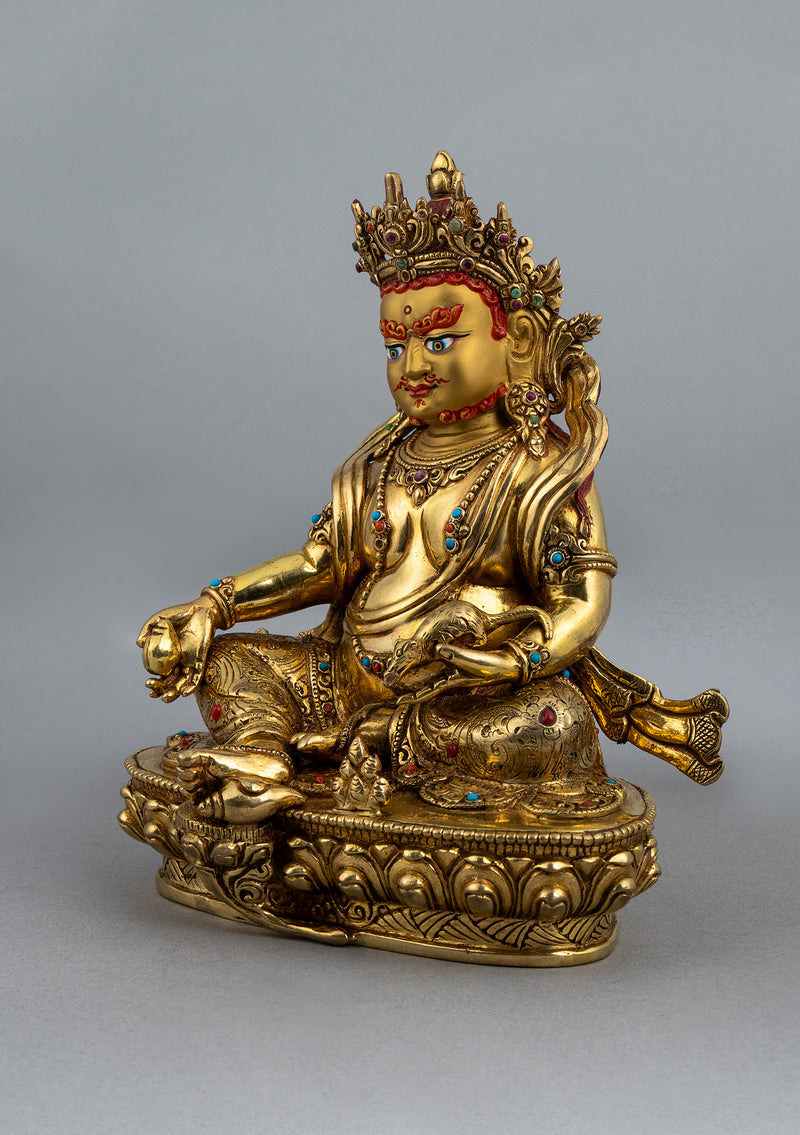 Fully Gold Plated Dzambhala Statue with Stone Inlays 7.5"H