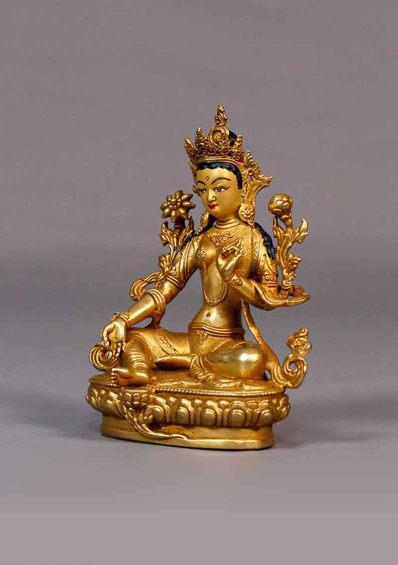 Fully Gold Plated Green Tara Statue 4.25"H