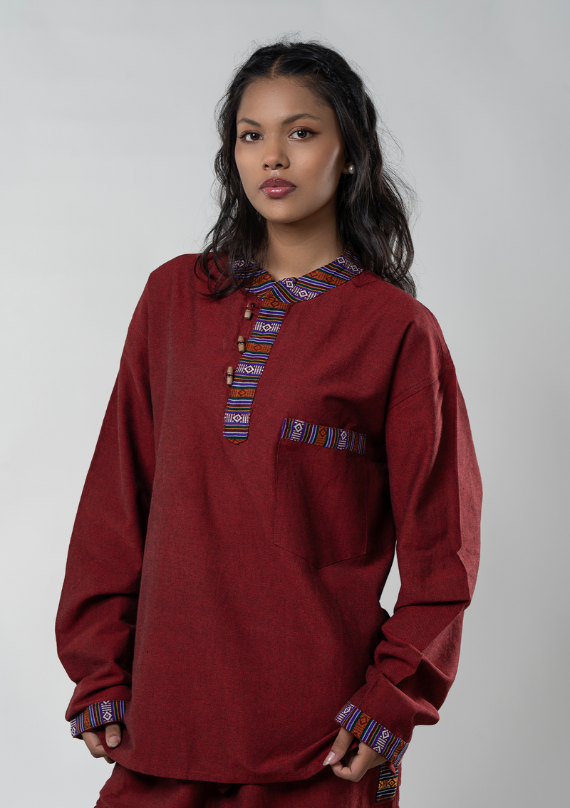 Bhutanese Pattern Cotton Kurta Shirt - Maroon