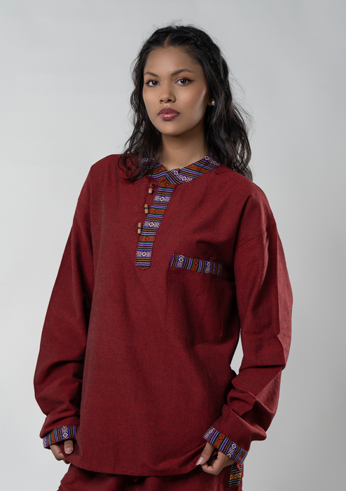 Bhutanese Pattern Cotton Kurta Shirt - Maroon