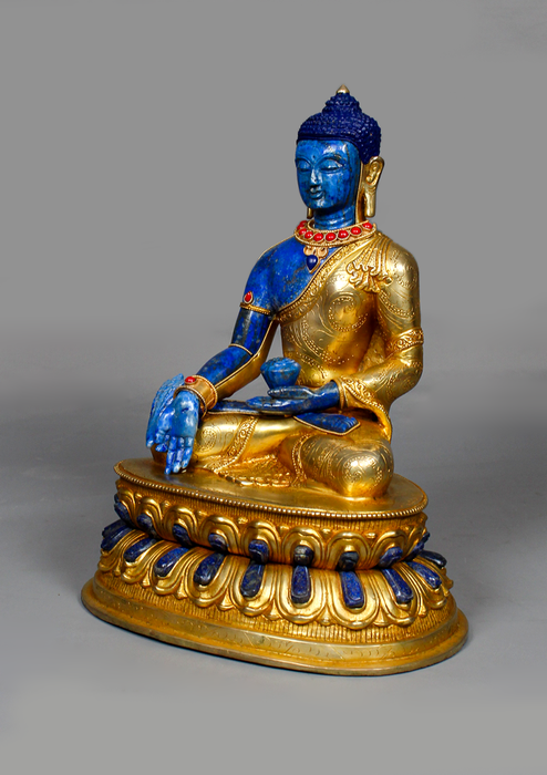Lapis Lazuli Gold Plated Medicine Buddha Statue 12" H