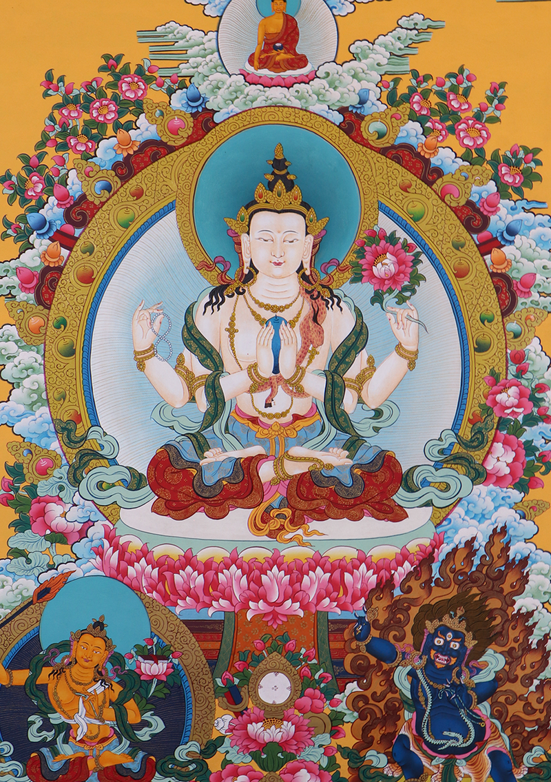 Chenrezig God of Compasssion Thangka Painting Orange Background