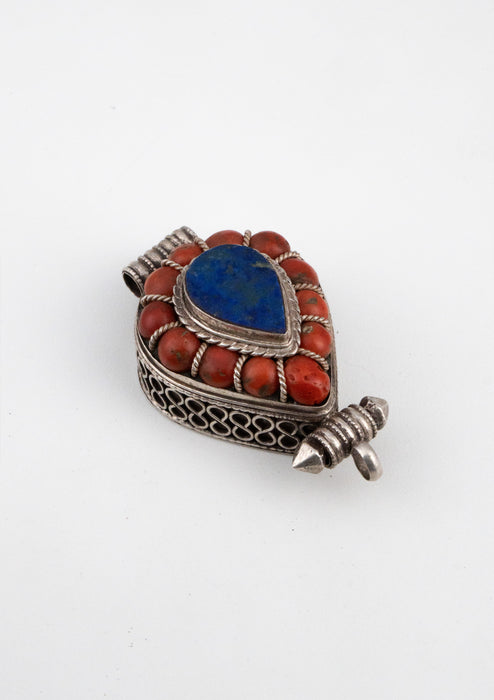 925 Silver Tibetan Ghau with Coral and Lapis Lazuli Stone Inlay