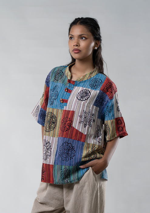 Multicolored Hippie Style Cotton Kurta Shirt - Half Sleeves
