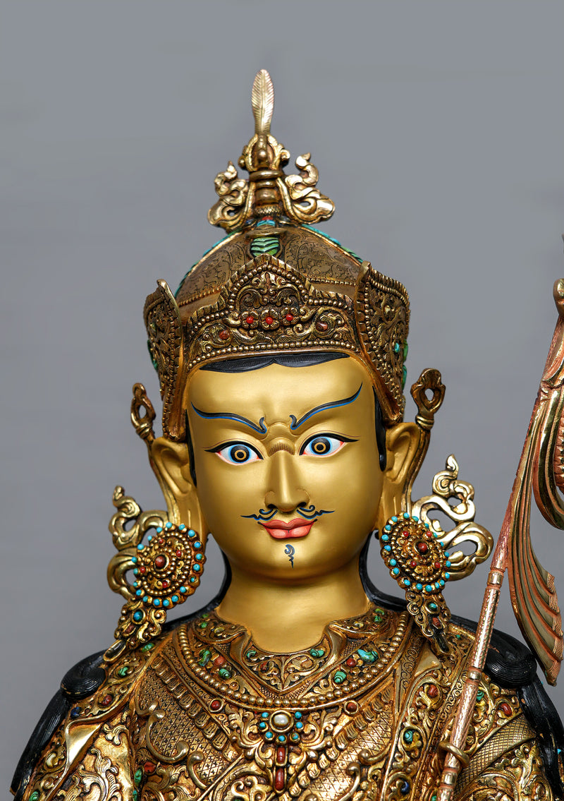 Masterpiece 24K Gold Plated Stone Inlaid Guru Padmasambhava Statue 2 feet High