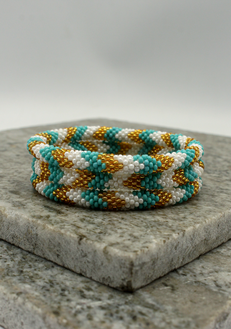 Blue White Roll on Beads Gold Bracelet