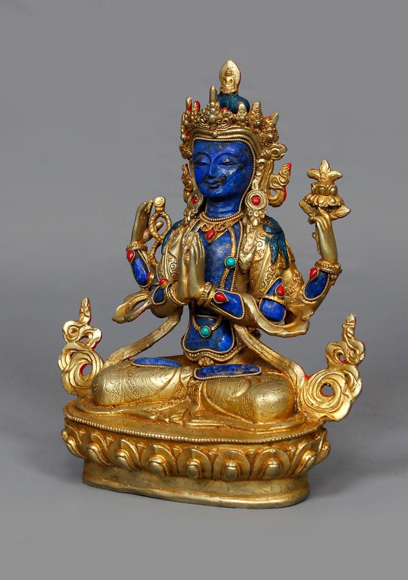 Gold Plated Lapis Lazuli Chenrezig Statue 8.75" H