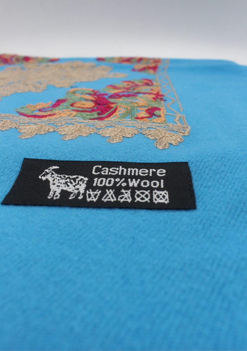 Turquoise Blue Woolen Embroidery Shawl